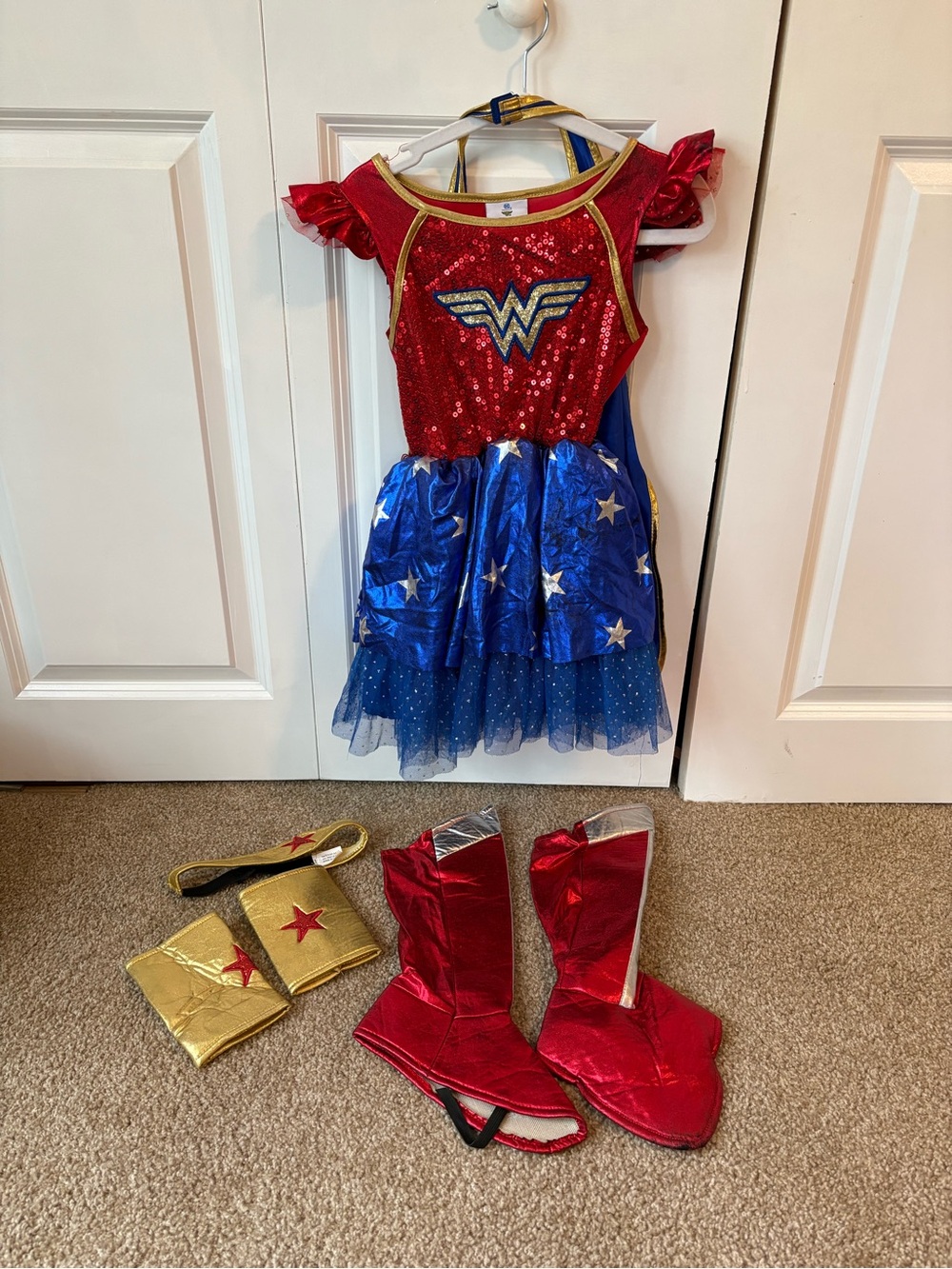 DC Red Sequin and Blue Star Tulle Wonder Costume with Gold Accents